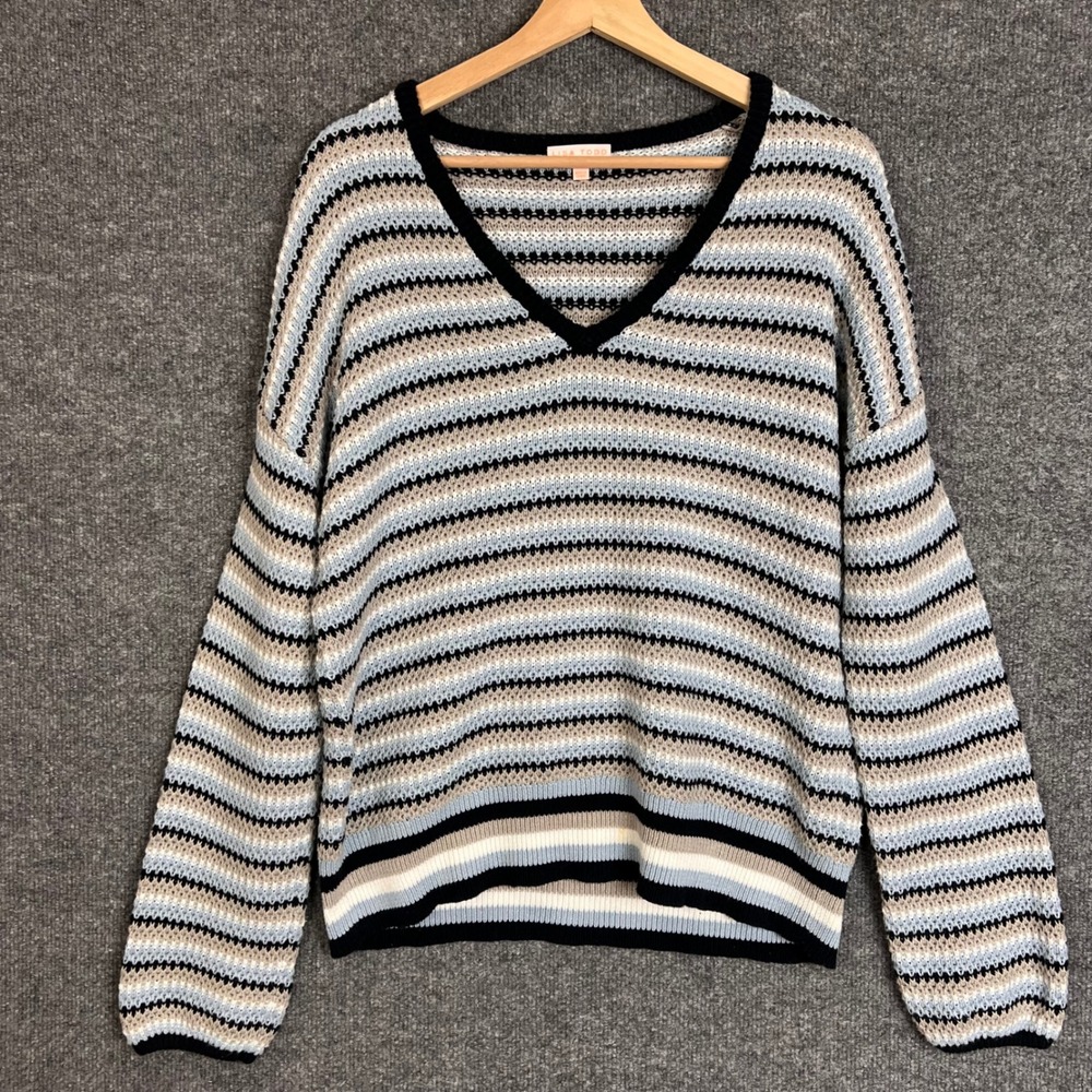 Lisa Todd V-Neck Sweater Womens XL Blue Striped Excellent Cotton Knit Pullover